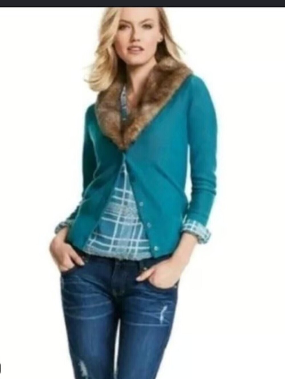 Cabinet The Tearoom Cardigan Teal Button Down Faux Removable Fur Neckline Sz M